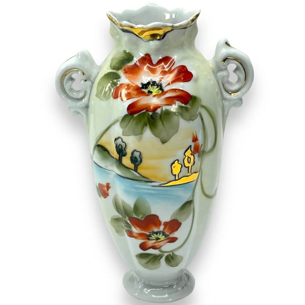 Nippon Hand-Painted Porcelian 2 Handle Vase Floral Lake  Pattern & Gold Trim